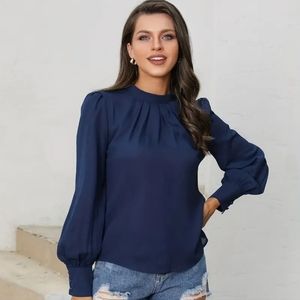 Women's Blouse Court Sleeve Chest Pleated Collar LongSleeve Chiffon Blouse